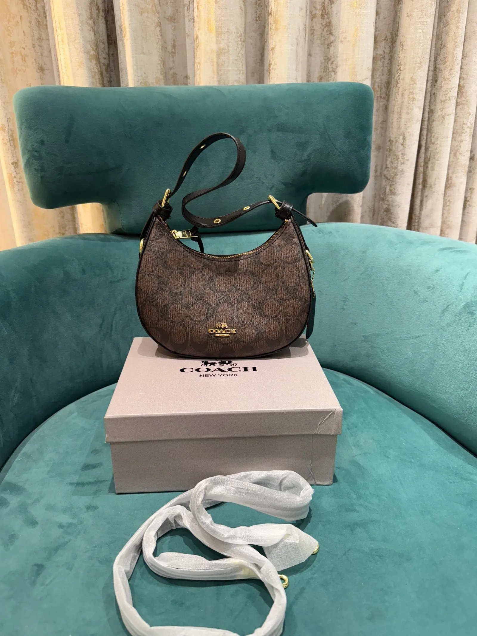 Coach Carmen Mini Crossbody In Signature Jacquard Coffee Ticket With OG Box & Dust Bag 2750